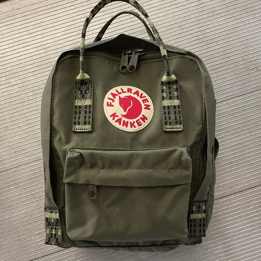 Fjallraven Kanken Olive Green Backpack with Red Logo